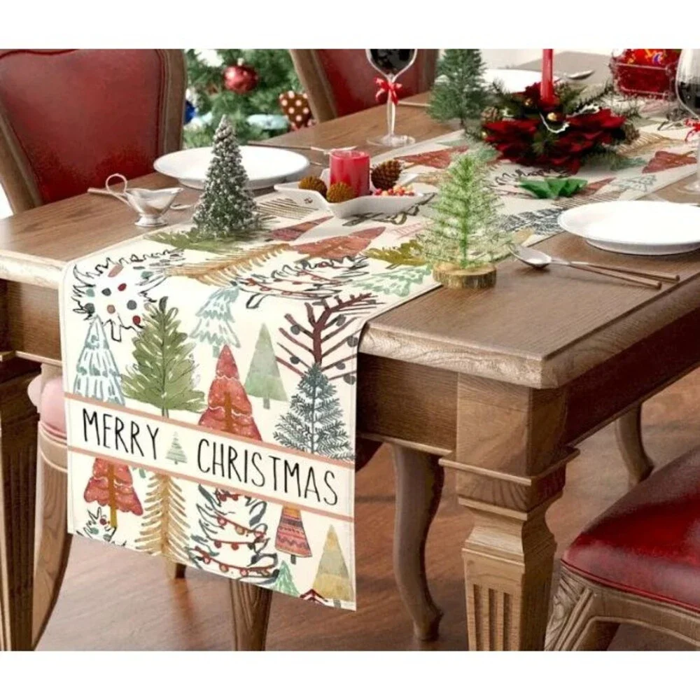 Christmas Table Runner 13x72in Polyester off white with Christmas Trees New